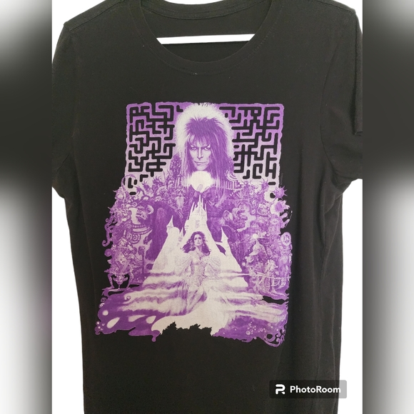 Tops - David Bowie Black Purple Graphic Labyrinth Short Sleeve T-Shirt Jim Henson movie